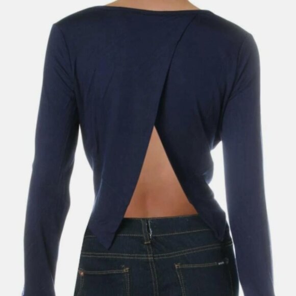 Splendid Open Back Cropped Sweatshirt Navy– Striped Sleeves – Size S – NWT - Picture 12 of 12